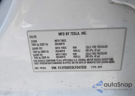 2020 Tesla Model Y z USA, uszkodzony, nr VIN 5YJYGDEE0LF047030